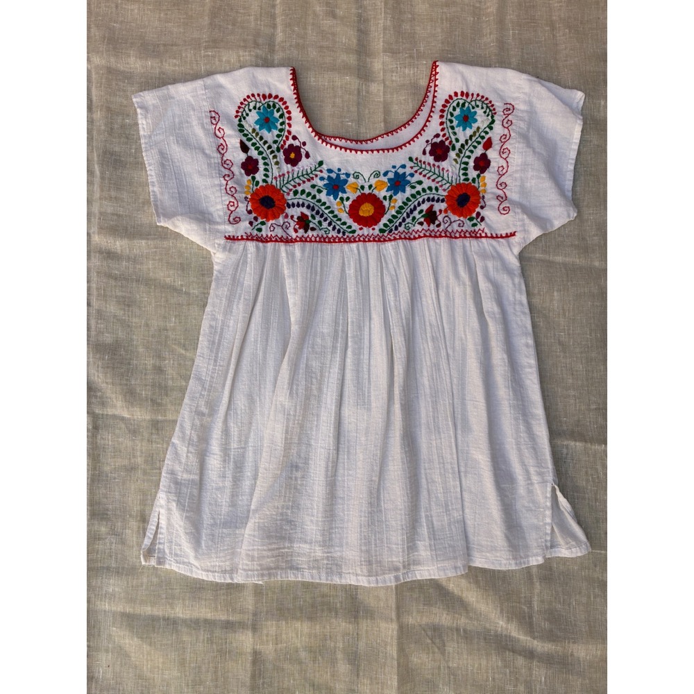 Vintage Mexican Hand Embroidered Floral Blouse White Cotton Gauze Boho Top
